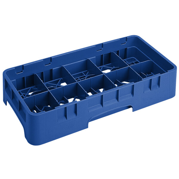 A navy blue plastic Cambro glass rack with 10 compartments and 2 extenders.