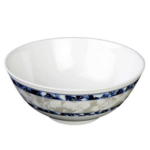 A white melamine bowl with blue dragon and trim designs.