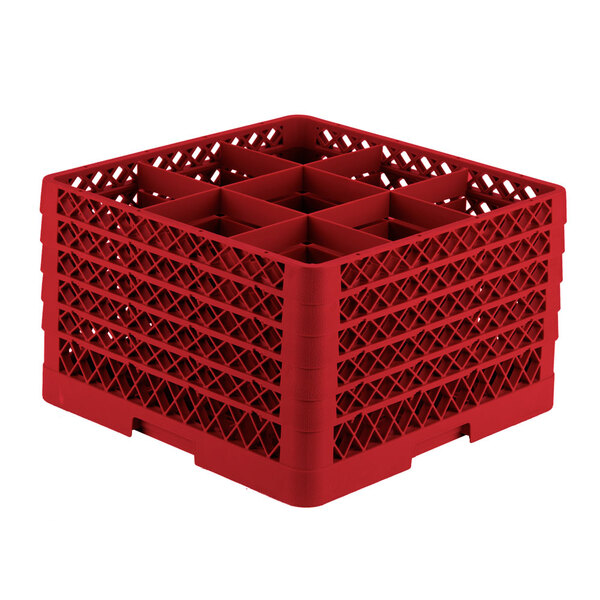 A red plastic Vollrath Traex glass rack with six compartments and an open rack extender on top.