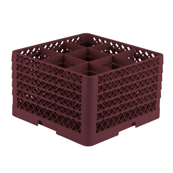A Vollrath Traex burgundy plastic glass rack with 9 compartments.