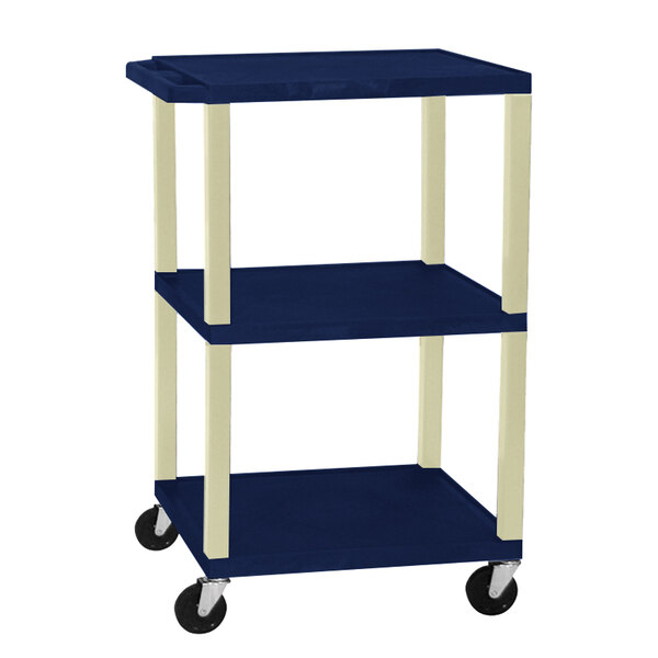 A blue Luxor Tuffy A/V cart with 3 shelves and wheels.