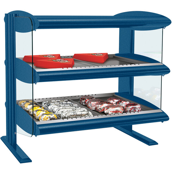 A navy blue Hatco countertop display with double shelves and trays.