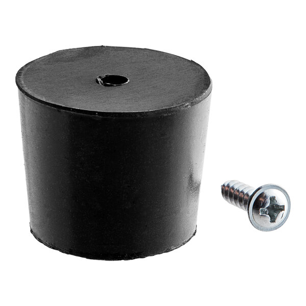 A black plastic cylinder with a hole and a screw.