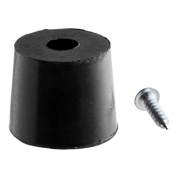 A black plastic cylinder with a hole and a screw.