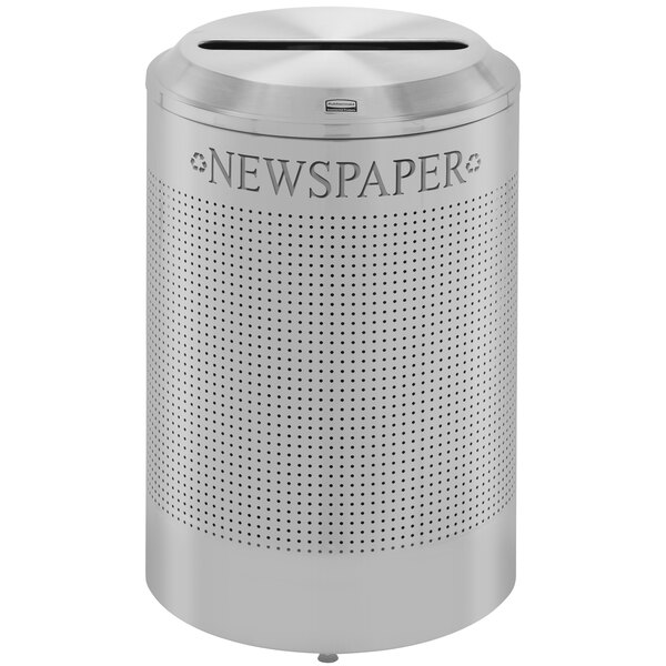A silver Rubbermaid newspaper recycling bin with a lid.