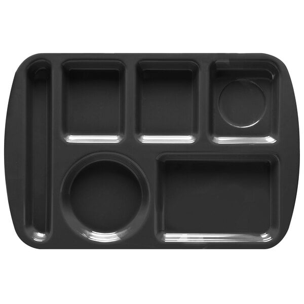 A black GET left-handed compartment tray with 6 compartments in different shapes.