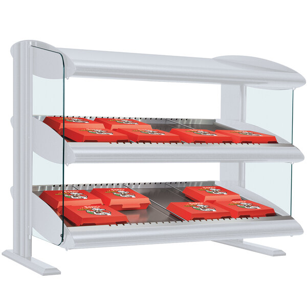 A white Hatco countertop display case with red boxes on it.