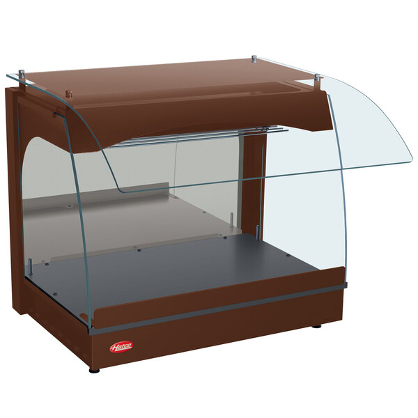 A brown display case with clear glass.