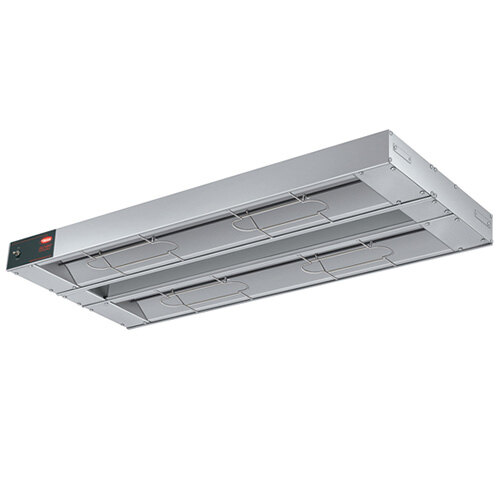 A Hatco stainless steel rectangular infrared warmer with toggle controls.