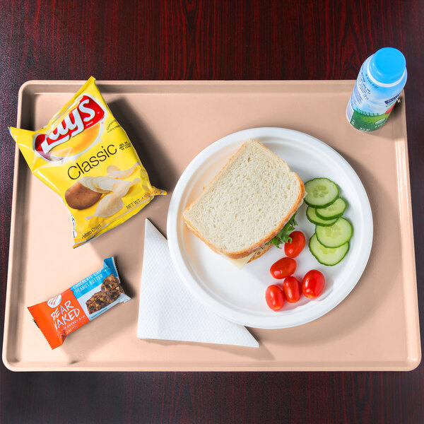 A Cambro dietary tray with a sandwich, vegetables, and a bottle of water.