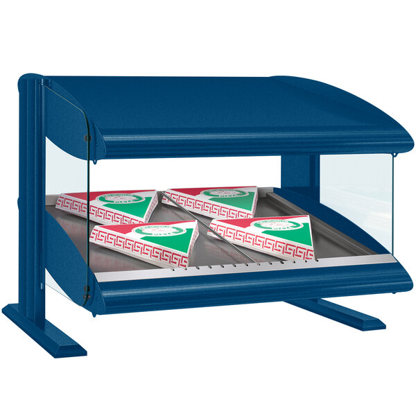 A blue food warmer with pizza boxes inside.