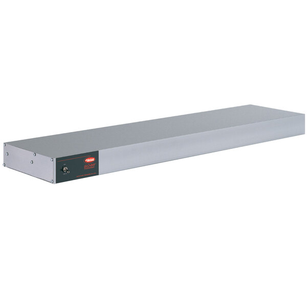 A long rectangular silver metal shelf with red lights on each end.