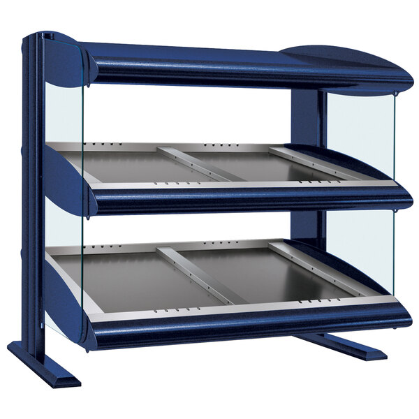 A navy blue Hatco countertop heated zone merchandiser with two slanted shelves.