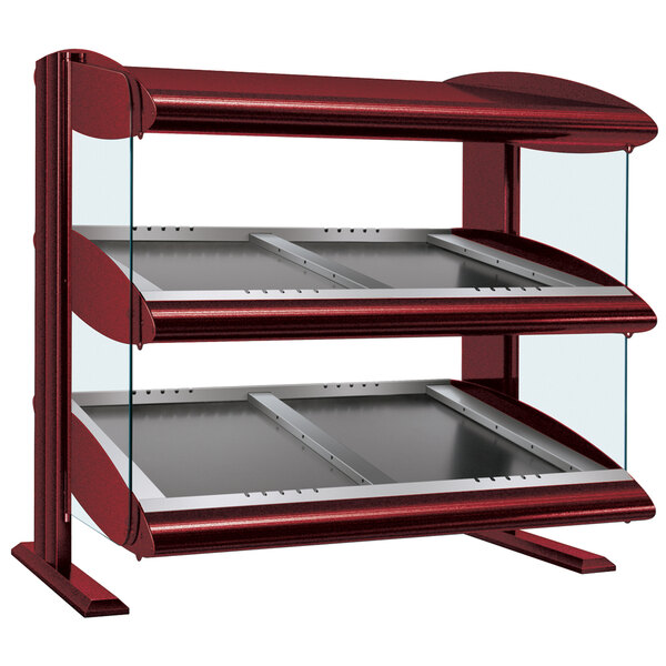 A red Hatco countertop heated zone merchandiser with slanted double shelves.