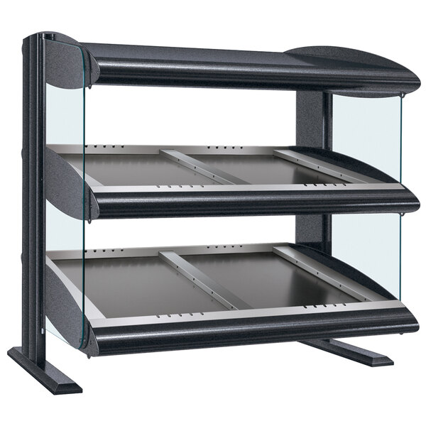 A gray granite double shelf heated zone merchandiser on a counter.