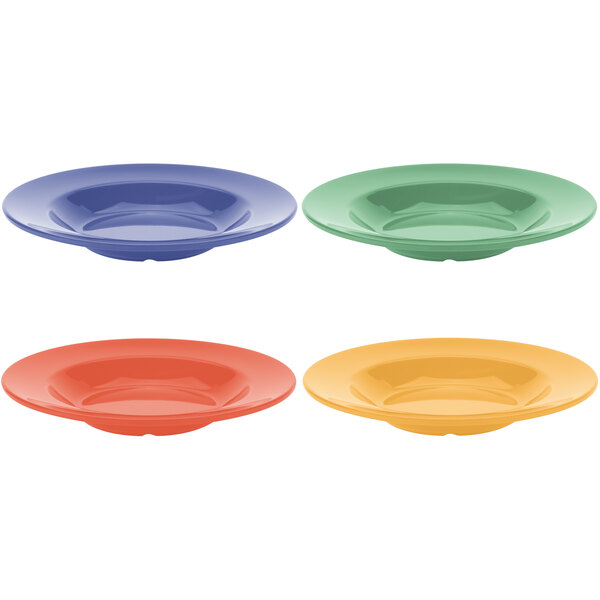 Four different colored Diamond Mardi Gras melamine bowls.