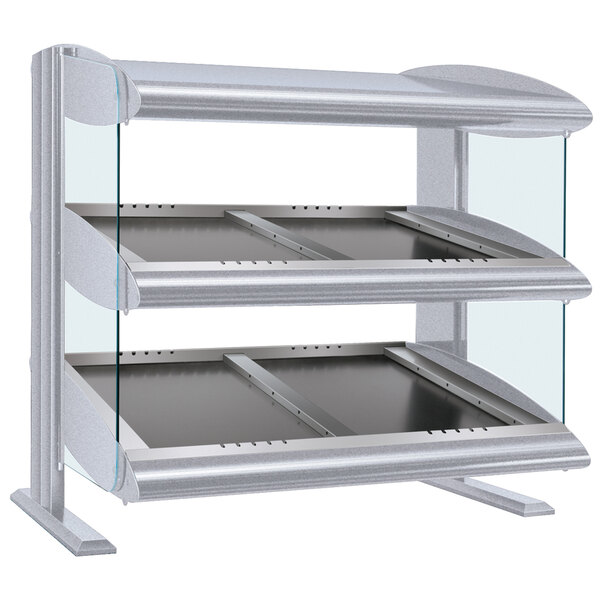 A white granite slanted double shelf heated zone merchandiser on a countertop.