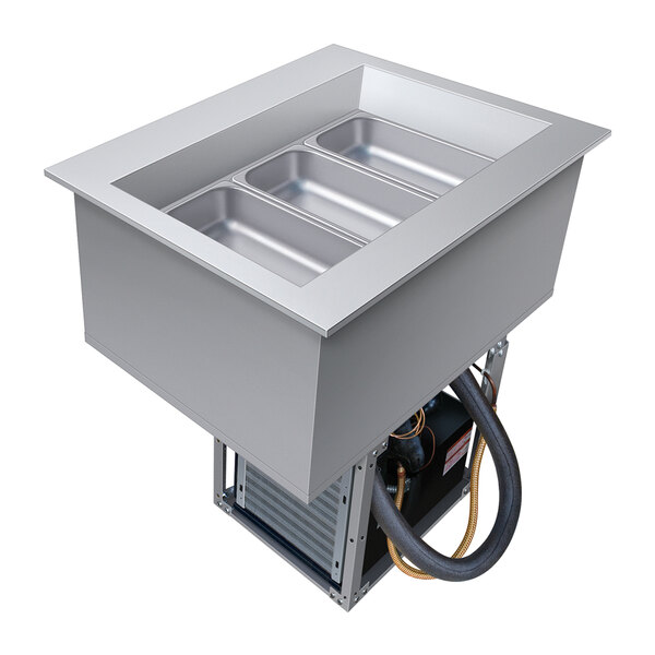 A Hatco drop-in cold food well with a stainless steel cover over a single compartment on a counter.