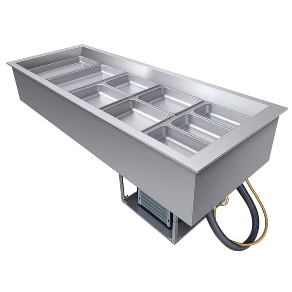 A large rectangular stainless steel container with five compartments.