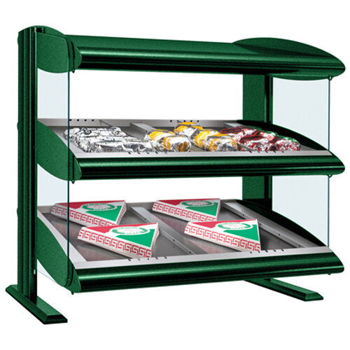 A Hatco Hunter Green heated countertop food display case with food on double shelves.