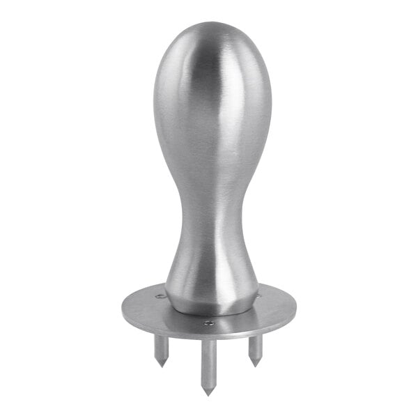 A Franmara stainless steel cheese button clincher with spikes and a silver metal knob.