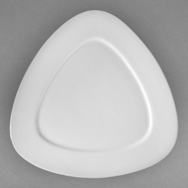 A white triangle shaped 10 Strawberry Street porcelain plate.