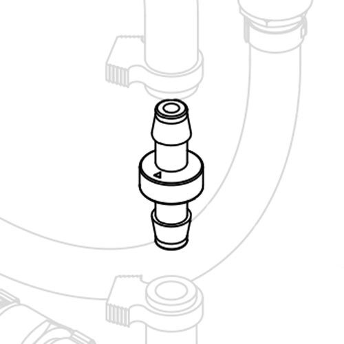 A black and white drawing of a round check valve with a pipe.