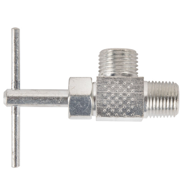 A close-up of a Bunn stainless steel needle valve with a threaded end.