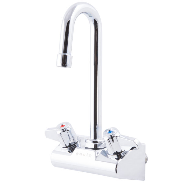 A silver Equip by T&S wall mounted faucet with gooseneck spout and lever handles.