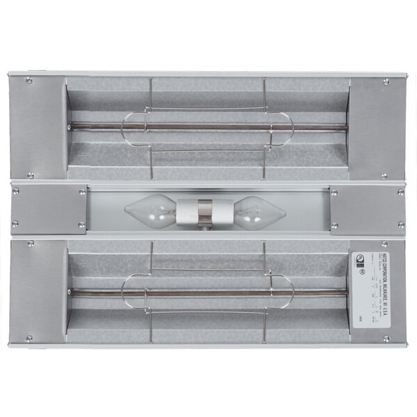 A white rectangular metal Hatco warmer with two light bulbs inside.