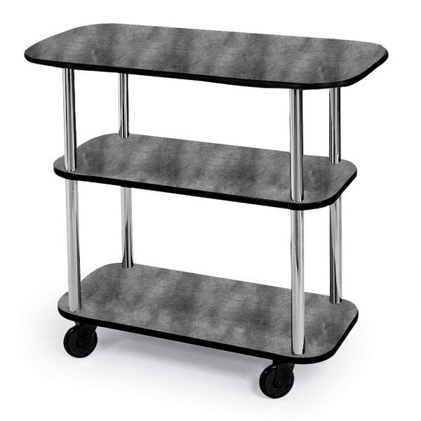 A Geneva rectangular three tier tableside service cart with a pewter brush finish.