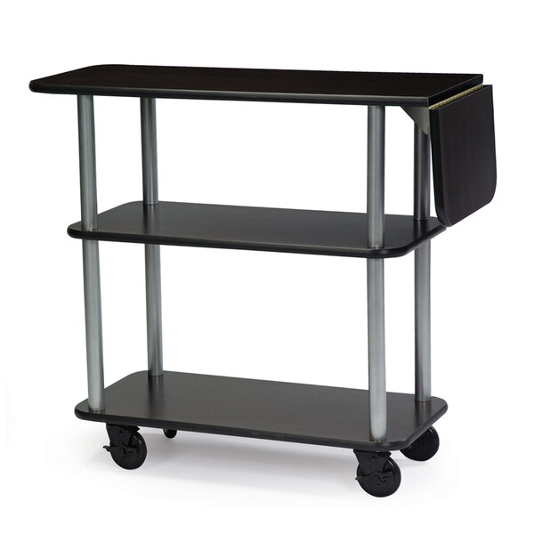 A black and silver Geneva Tableside Service Cart with wheels.