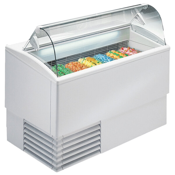 A white Excellence gelato freezer with colorful gelato inside.