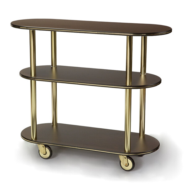 A Geneva mahogany laminate serving cart with three shelves and wheels.