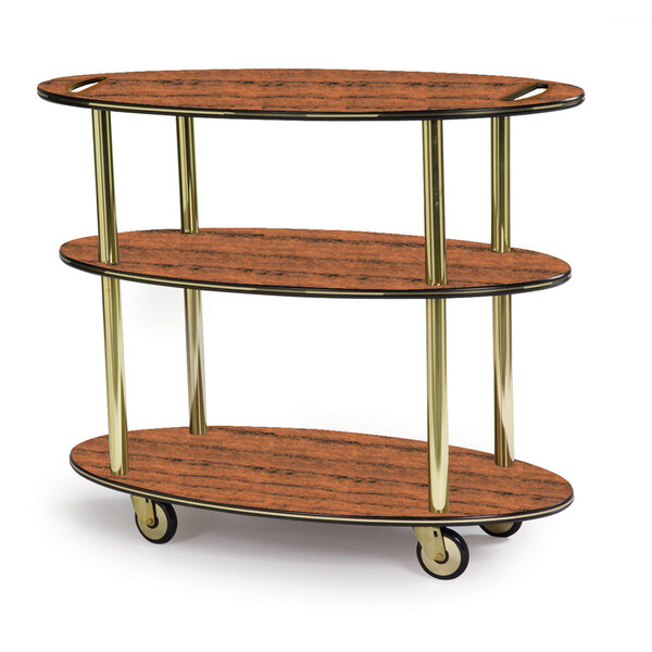 A three tiered wood serving cart with a wood grained surface.