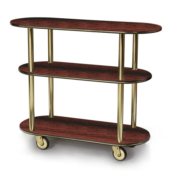 A Geneva 3 tier wood serving cart with red maple finish.