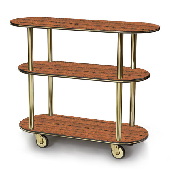 A Geneva three tier wood serving cart with wheels.