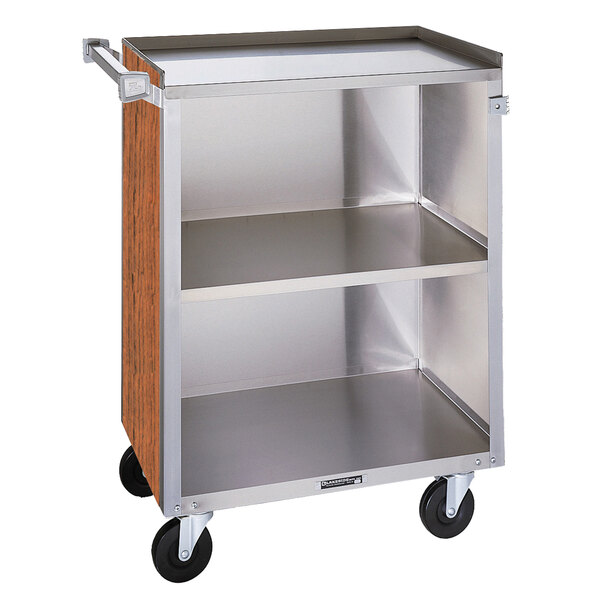A Lakeside stainless steel utility cart with enclosed base and Victorian cherry finish.