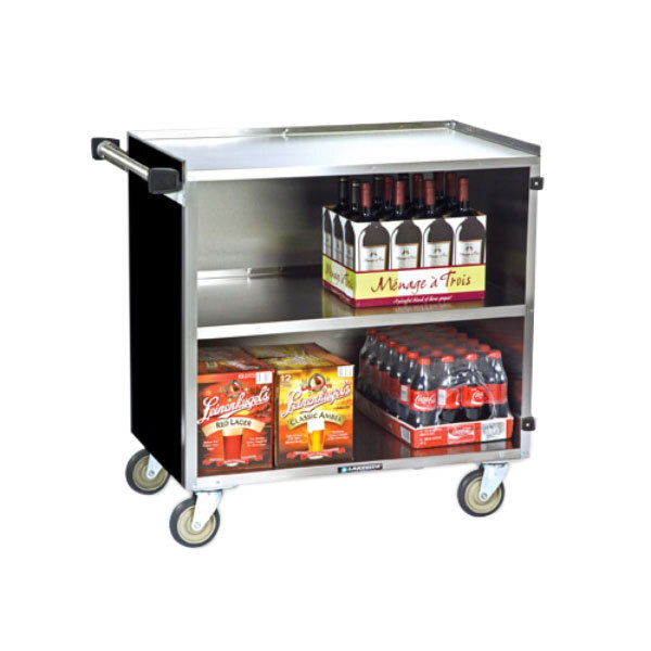 A Lakeside stainless steel utility cart with wine and drinks in a box.