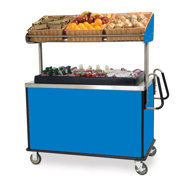 A Lakeside vending cart with a variety of fruits and drinks.