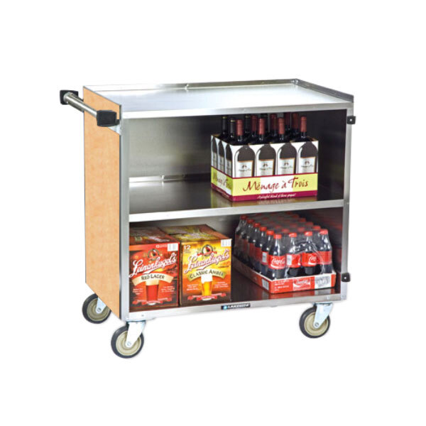 A Lakeside stainless steel utility cart with wine and soda bottles on it.