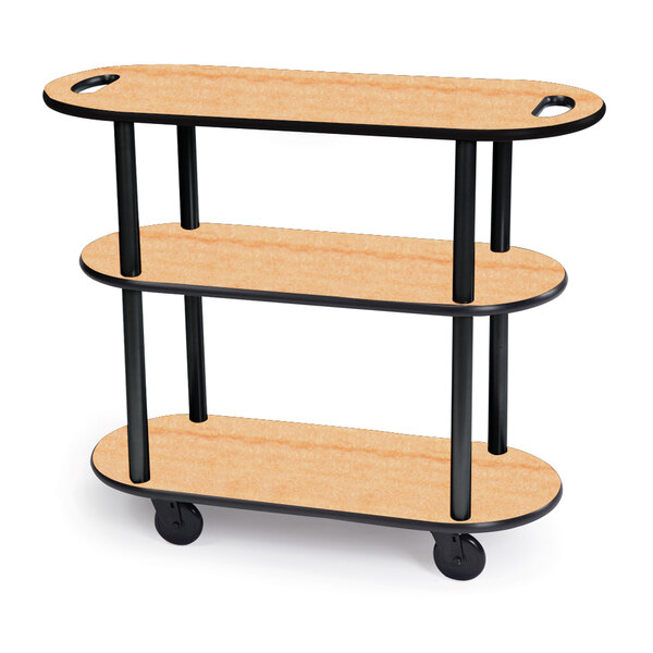 Geneva 36204-03 Oval 3 Shelf Laminate Table Side Service Cart with Handle Cutouts and Maple Finish - 16" x 42 3/8" x 35 1/4