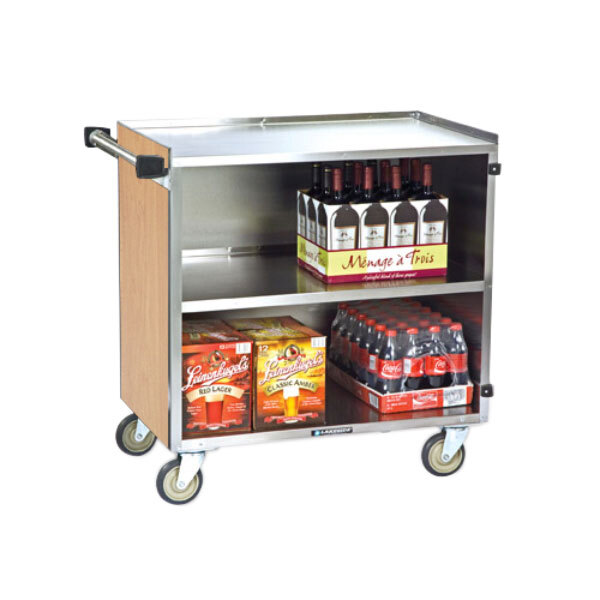 A Lakeside stainless steel utility cart with bottles of wine and drinks on it.