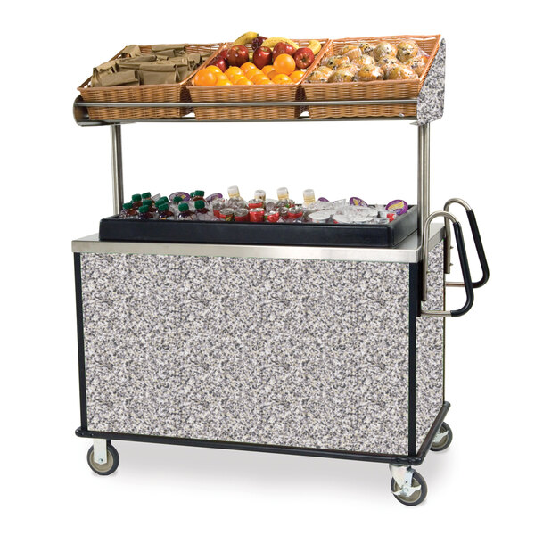 A Lakeside stainless steel vending cart full of fruit and drinks.