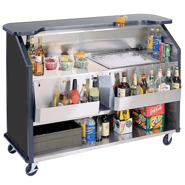 A Lakeside stainless steel portable bar with black laminate finish, bottles, and ice.