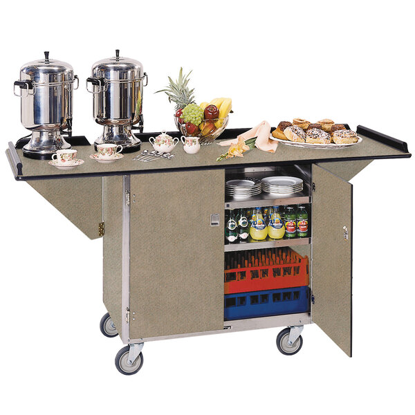 Lakeside 675BS Stainless Steel Drop-Leaf Beverage Service Cart with 3 Shelves and Beige Suede Finish - 44 1/4" x 24" x 38 1/4"