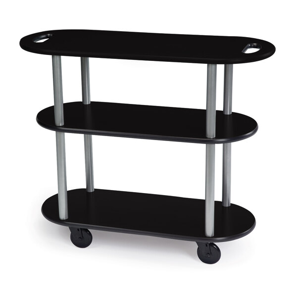 Geneva 36204-05 Oval 3 Shelf Laminate Table Side Service Cart with Handle Cutouts and Black Finish - 16" x 42 3/8" x 35 1/4