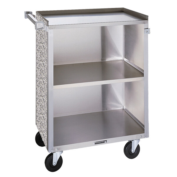 A silver Lakeside stainless steel utility cart with three shelves.