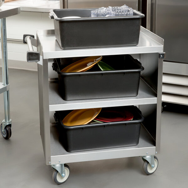 Lakeside 822B 3 Shelf Heavy Duty Stainless Steel Utility Cart with Enclosed Base and Black Finish - 19 1/2" x 31 1/4" x 34 1/2"