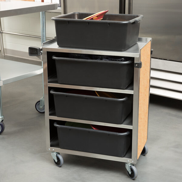 Lakeside 615HRM 4 Shelf Standard Duty Stainless Steel Utility Cart with Enclosed Base and Hard Rock Maple Finish - 16 1/2" x 27 3/4" x 32 3/4"